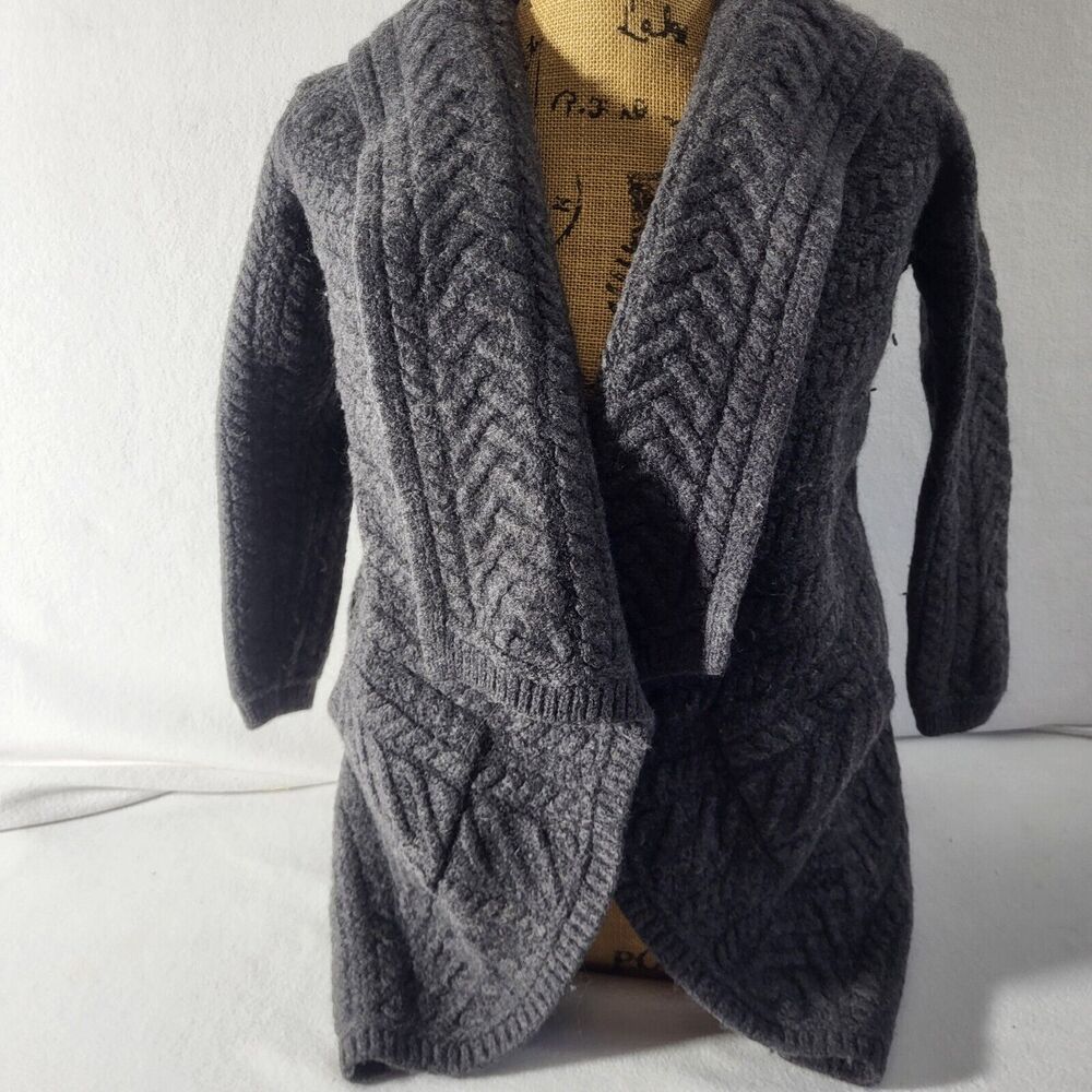 Aran Crafts Ireland 100 % Merino Wool Cable Knit Open Sweater Gray Size Small